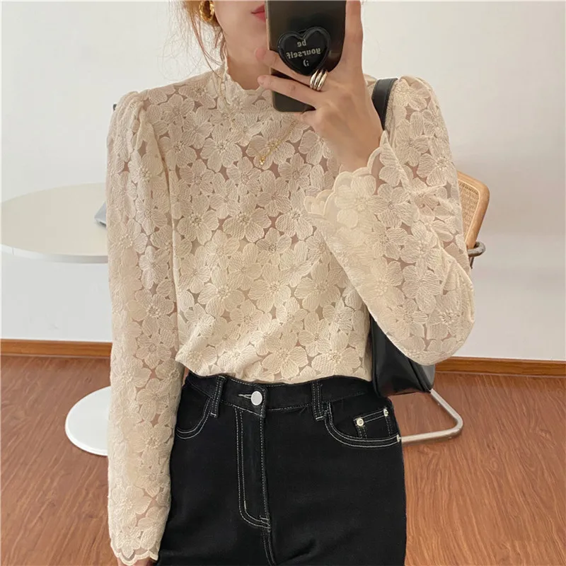 

lace-up hollow out chic all-match elegant fashion shirt simple solid floral print termperament shirt 2021 early spring new tops