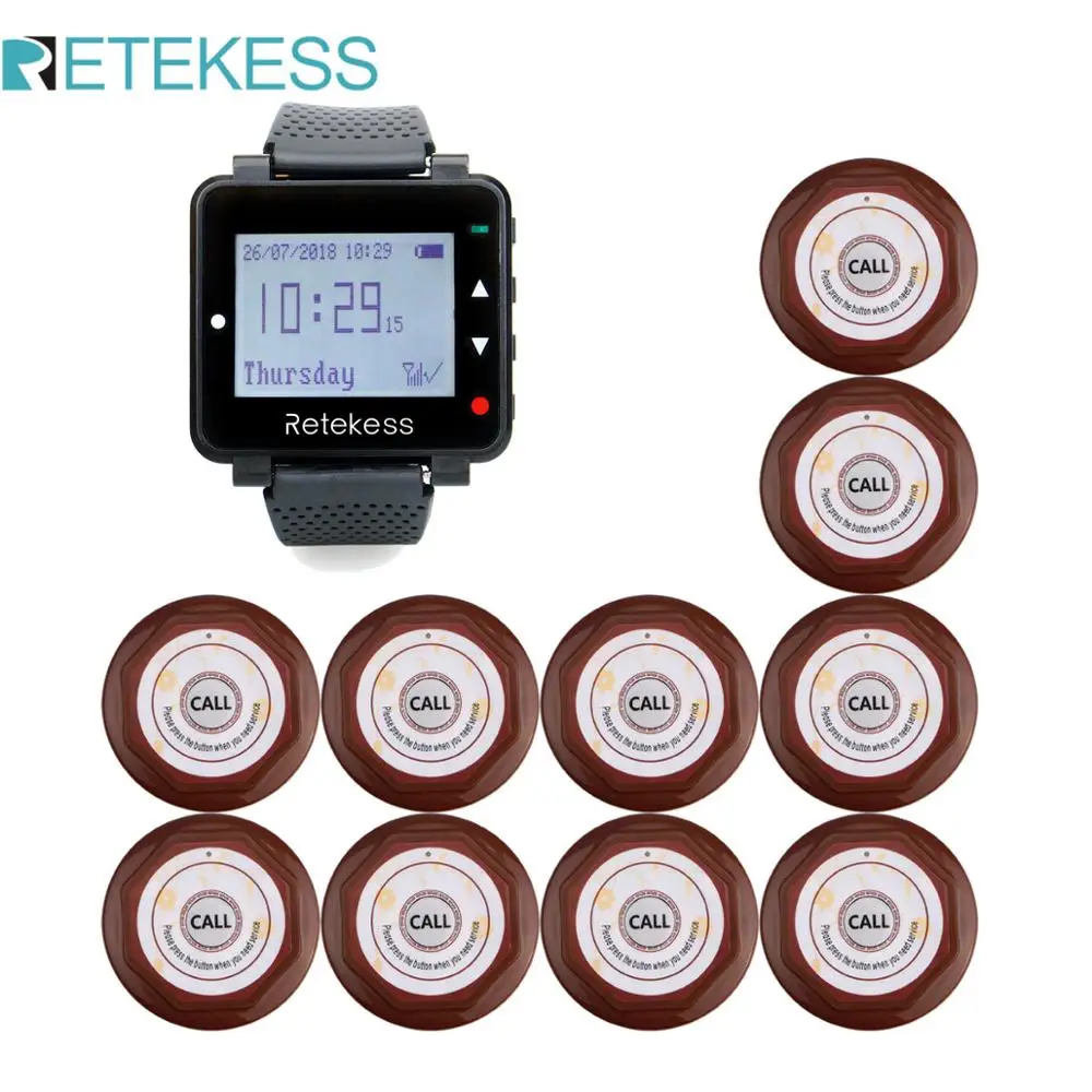 Retekess T128 Pager Wireless Calling System Restaurant Watch Receiver + 10pcs JL131Call Button For Waiter Cafe Clinic Dentist
