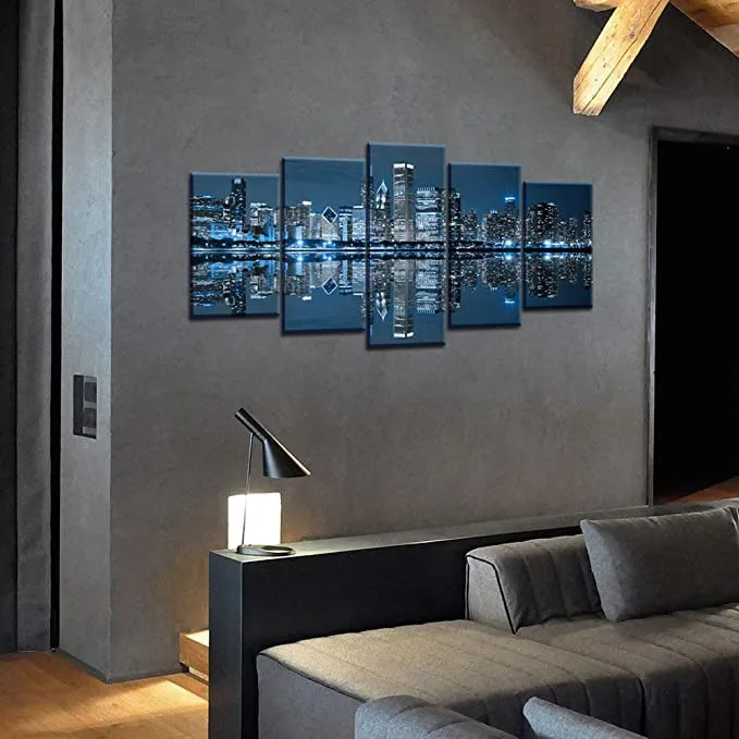 

Chicago Downtown At Night Picture Canvas Print - Modern City Wall Art - 5 Panels Artwork For Office Living Room Wall Decoration