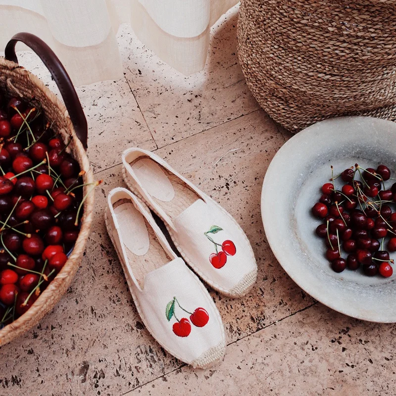 Женские эспадрильи на плоской подошве с принтом вишни|Обувь без каблука| |
