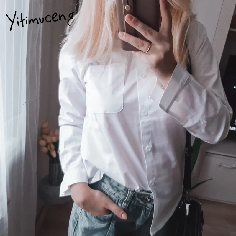 Женская белая блузка с длинным рукавом Повседневная Свободная из хлопка большие