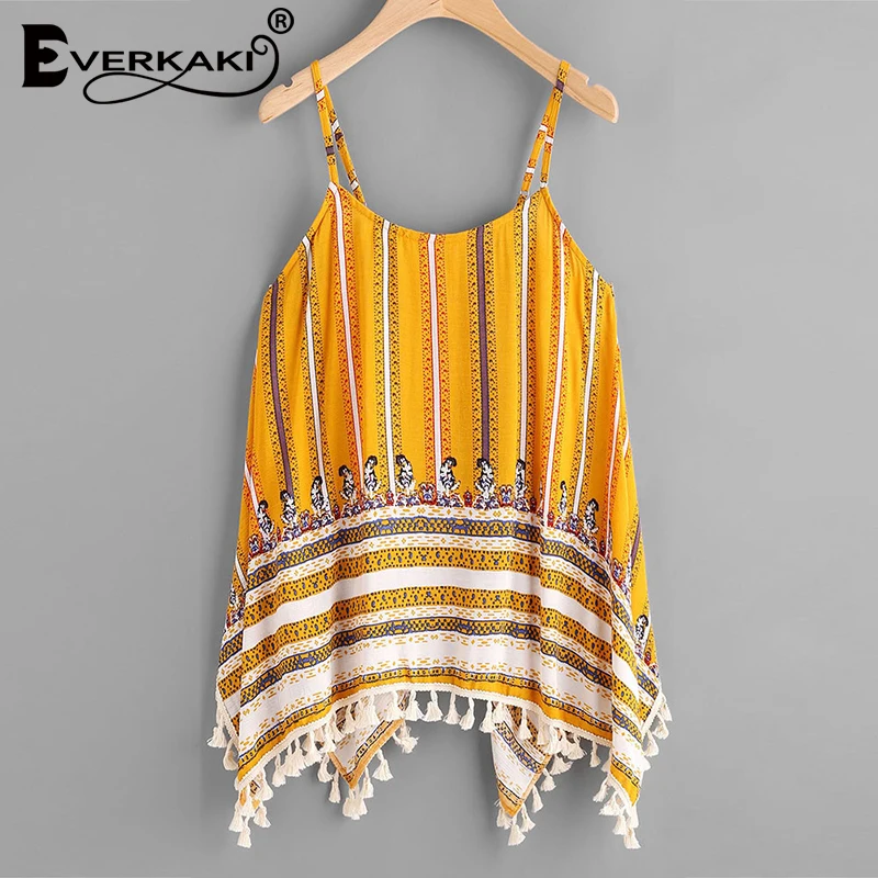

Everkaki Bohemian Print Tassel Camis Tops Women Summer Beach Plus Size Yellow Ladies Oversize Ethnic Boho Top Camis Female 2021