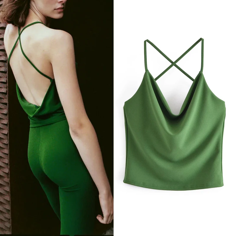 

Za Women 2021 Green Backless Top Woman Sleeveless Tank Top With Thin Straps Crop Top Women Sexy Tanks Camis Summer Tops
