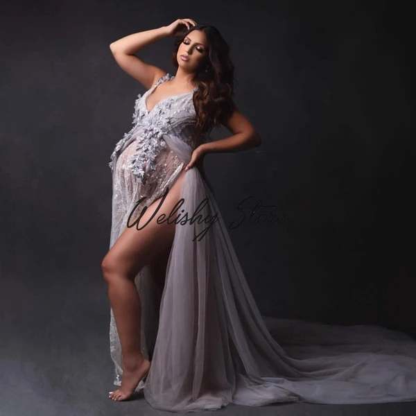 

Designer 3D Floral Sequins Appliques Maternity Dress For Photography Sexy V-neck Front Split Pregnant Women Gowns Custom Made