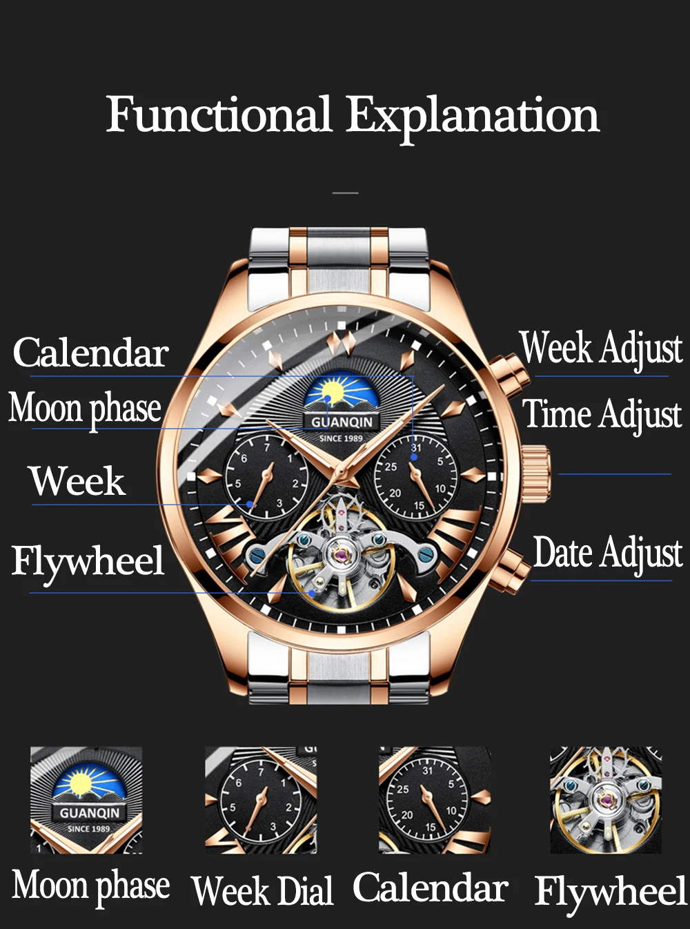 GUANQIN автоматические/механические/роскошные часы золотые reloj hombre мужские часы мужские/мужские часы Топ бренд класса люкс tourbillon