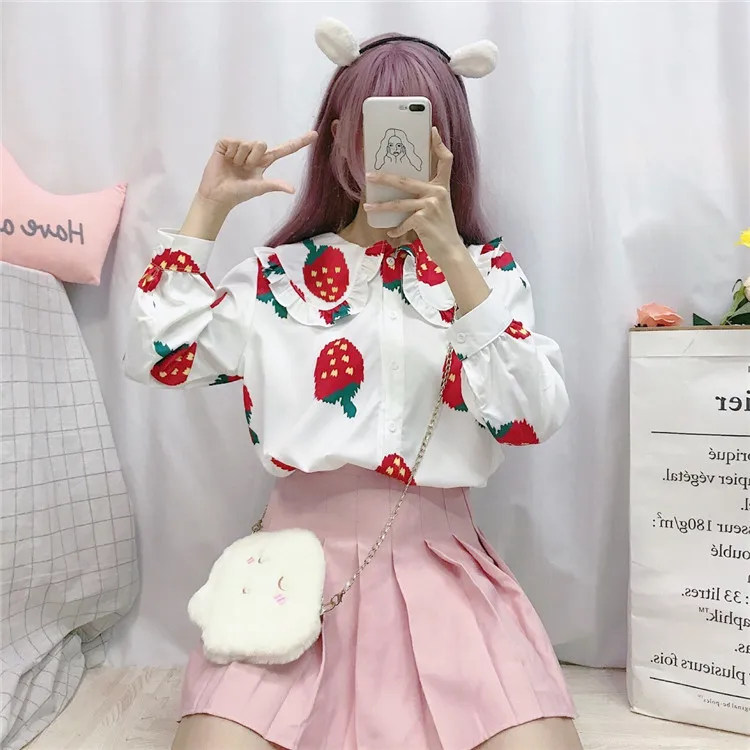 Милая женская блузка с клубничным принтом милая Свободная рубашка воротником
