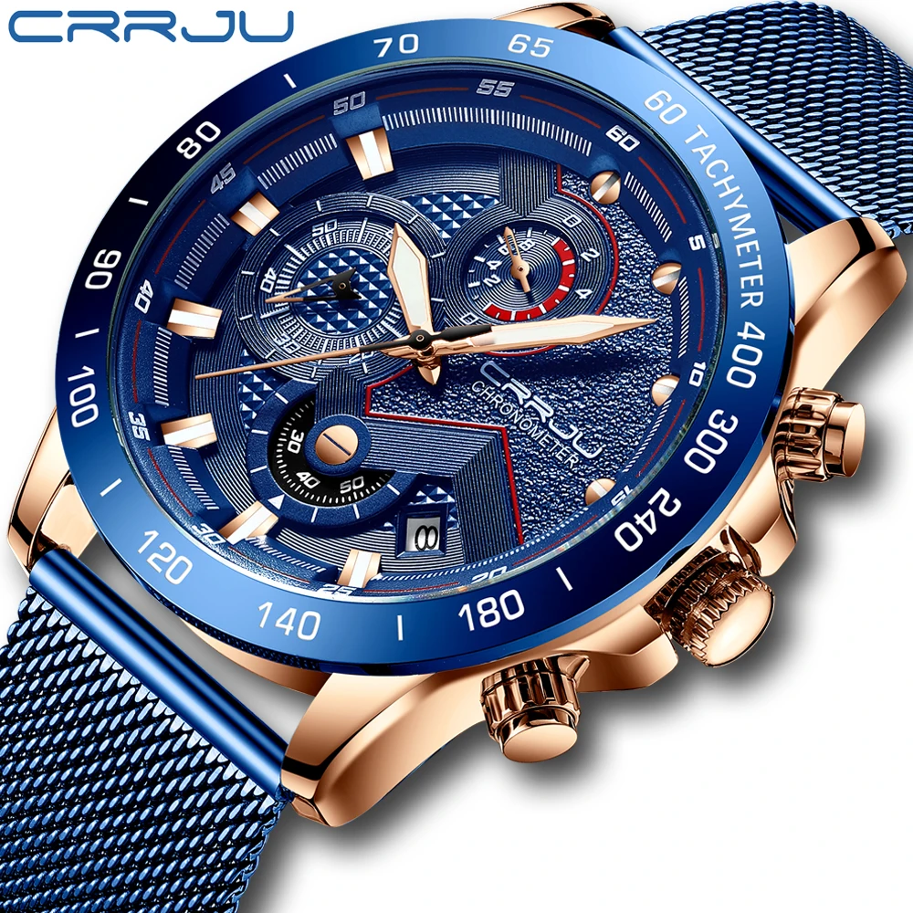 

CRRJU Fashion Mens Watches Casual Sport Waterproof Chronograph Quartz Wristwatch Luxury Blue Calendar Clock Relogio Masculino