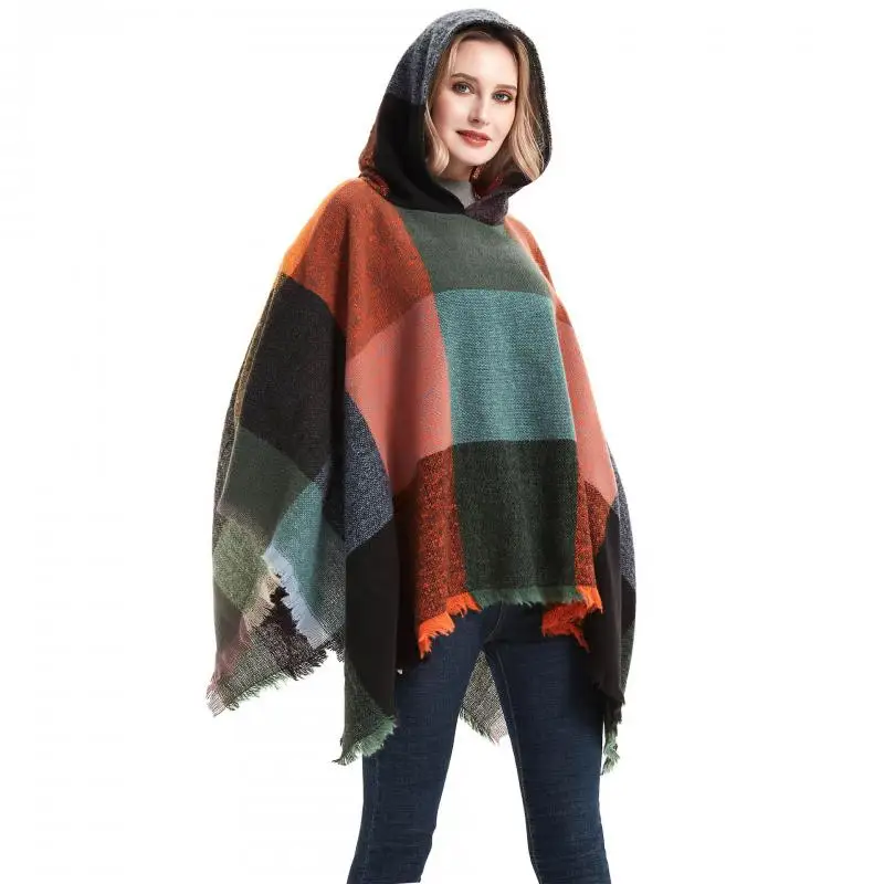 

Women New Autumn Winter Large Pullover Cloak Plaid Hooded Soft Warm Ponchos And Capes High Quality Fashion Female Tippet Cappa