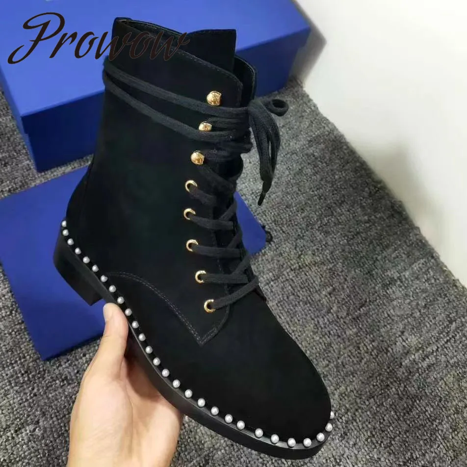

Prowow New Autumn Winter Khaki Pearl Beading lace Up Ankle Boots Round Toe Low Heel Short Boots Comfortable Boots Shoes Women