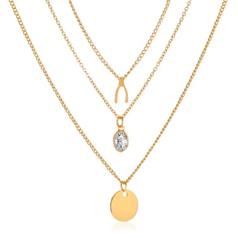 

Three Layer Necklace New Zircon Disc Multilayer Necklace for Women Jewelry Vintage Long Necklaces & Pendants Jewellery