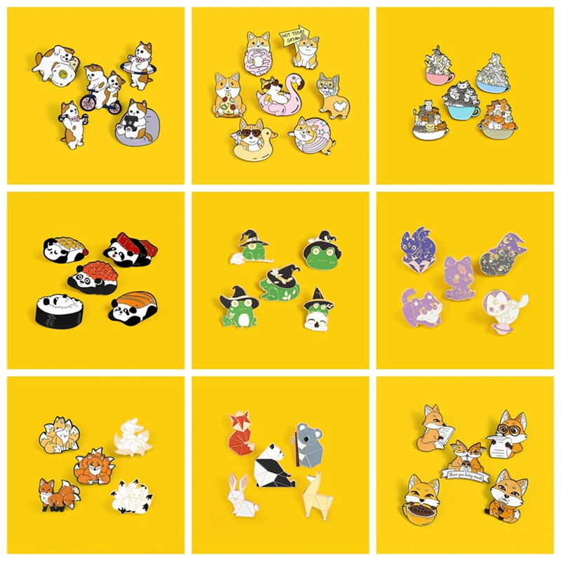 4-7Pcs/Set Cartoon Animals Collection Cat Wizard Frog Enamel Pin Animal Hat Badge Clothes Bag Jewelry Anime Gifts For Kids Women - купить по