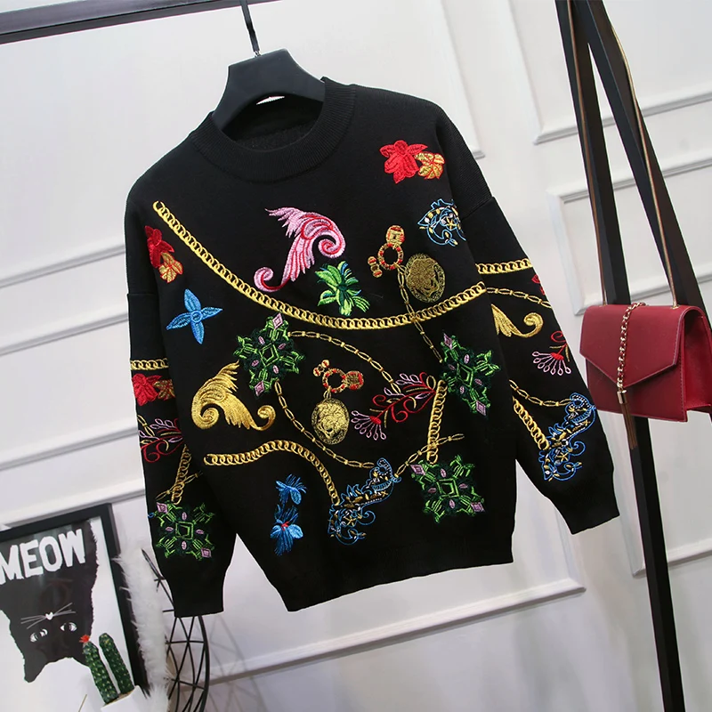 Женский костюм с вышивкой стильный подиумный комплект из Свитера и брюк 2020 |