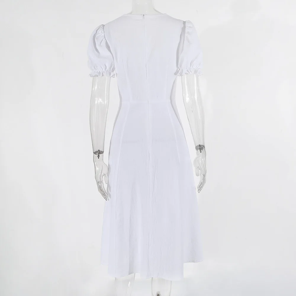 

Elegant Short Puff Sleeve Square Collar Long Corset Dress Summer Vacation Women Buttons Split Dress Sundress 2021 Streetwear New