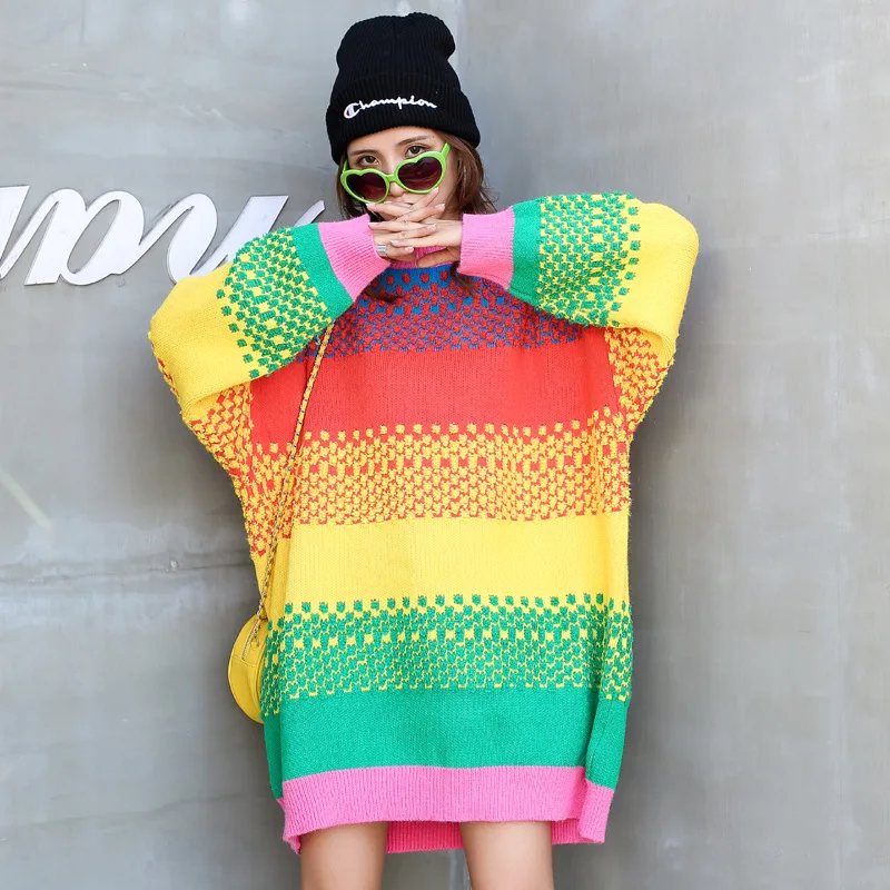 H.SA Pull Femme Hiver 2021 женский Радужный свитер в Корейском стиле оверсайз пуловер