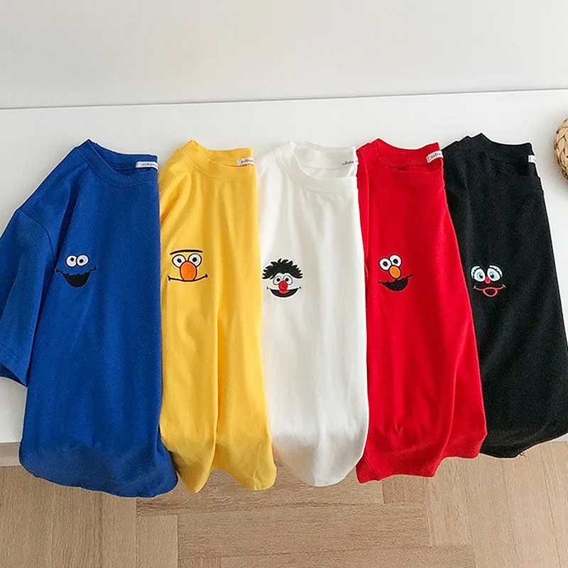 

QRWR 2021 T Shirt Women Korean Fashion Casual O Neck Catoon T Shirt Loose Harajuku Short Sleeve Solid Color Bottoming Shirt Top