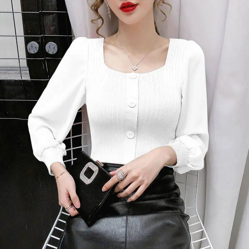 

Knitted Women T Shirts Spring Autumn 2021 Puff Long Sleeve Casual Tee Korean Pleated Loose Cotton Female Tshirts Sexy Crop Tops