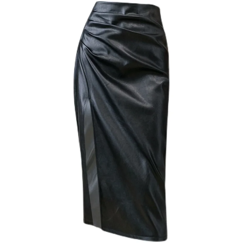 

Chic Ins Leather Skirt Women Sexy Split Pleats Midi Skirt European American Slim Bottom