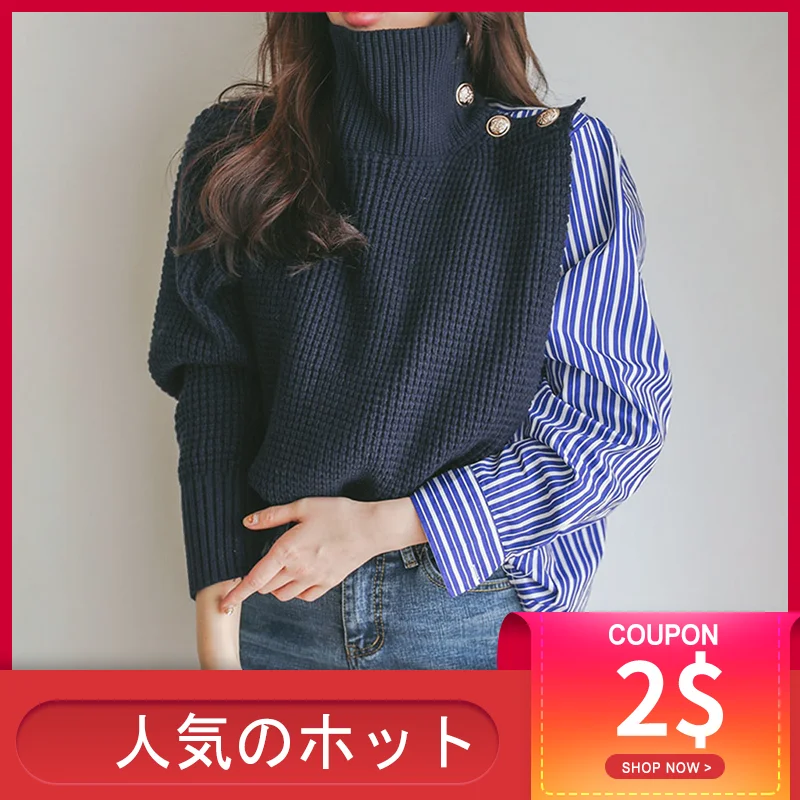 Korean Women Turtleneck Chunky Oversize Sweater Patchwork Knit Sweaters Pullover And Jumper 2020 Spring Fall Winter Knitted Top | Женская