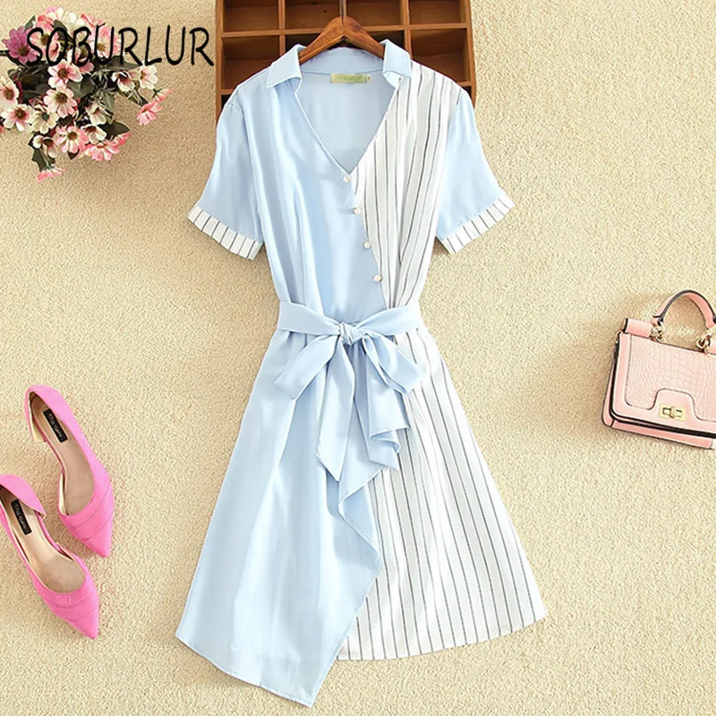 

SOBURLUR 2021 V-Neck Summer dress Short Sleeve Dress Woman Dresses Loose Fashion Casual Belted Dress Midi Sundress Tops Basic