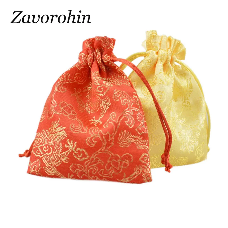 

20pcs/lot 10x14cm Red/Gold Chinese Dragon Embroidered Brocade Drawstring Silk Bags Pouches For Jade Jewelry Gift Packing Bag