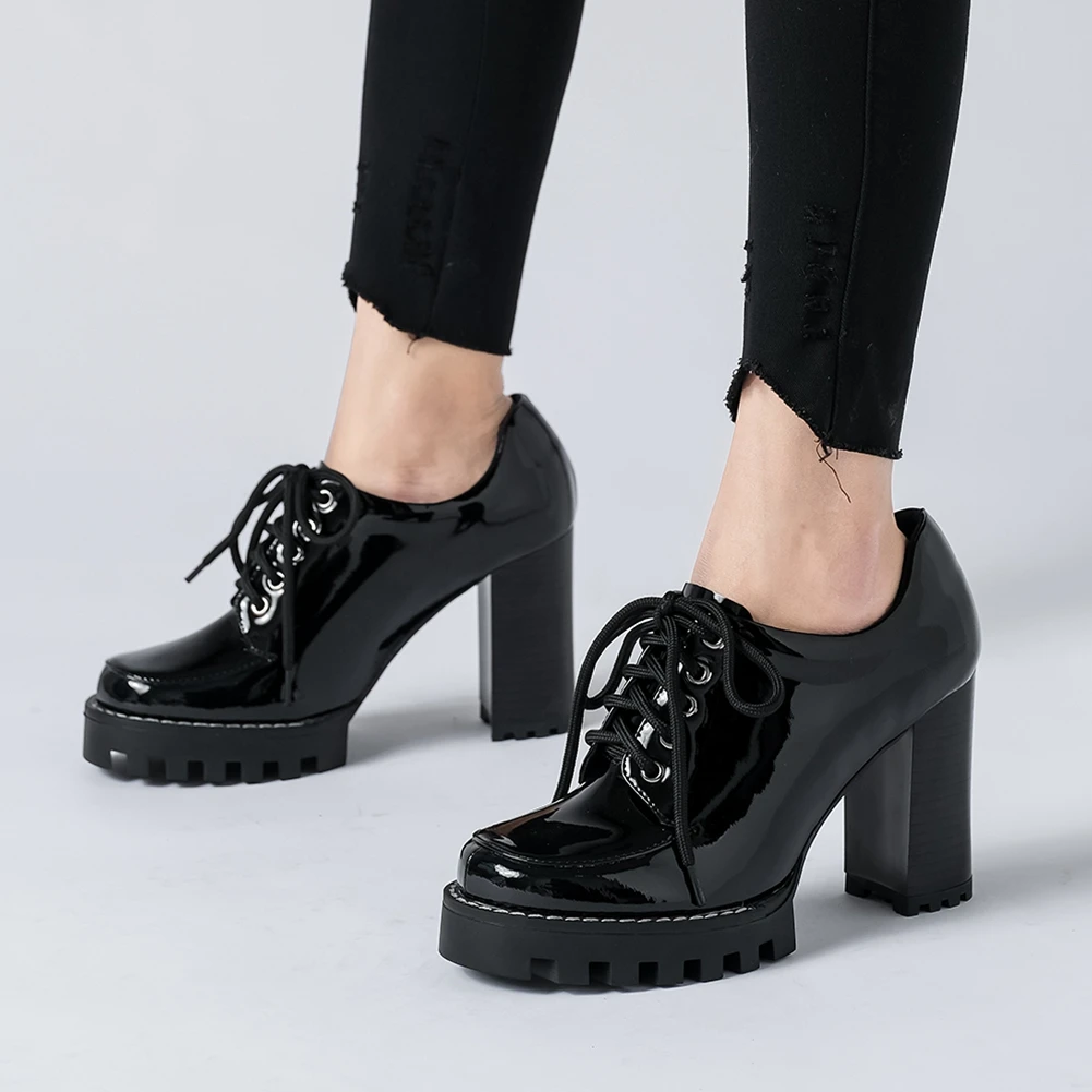 

RIBETRINI 2021 Office Lady Lace Up Solid Black Shoes Genuine Leather Sewing Platform High Heels Women Pumps Design Pumps