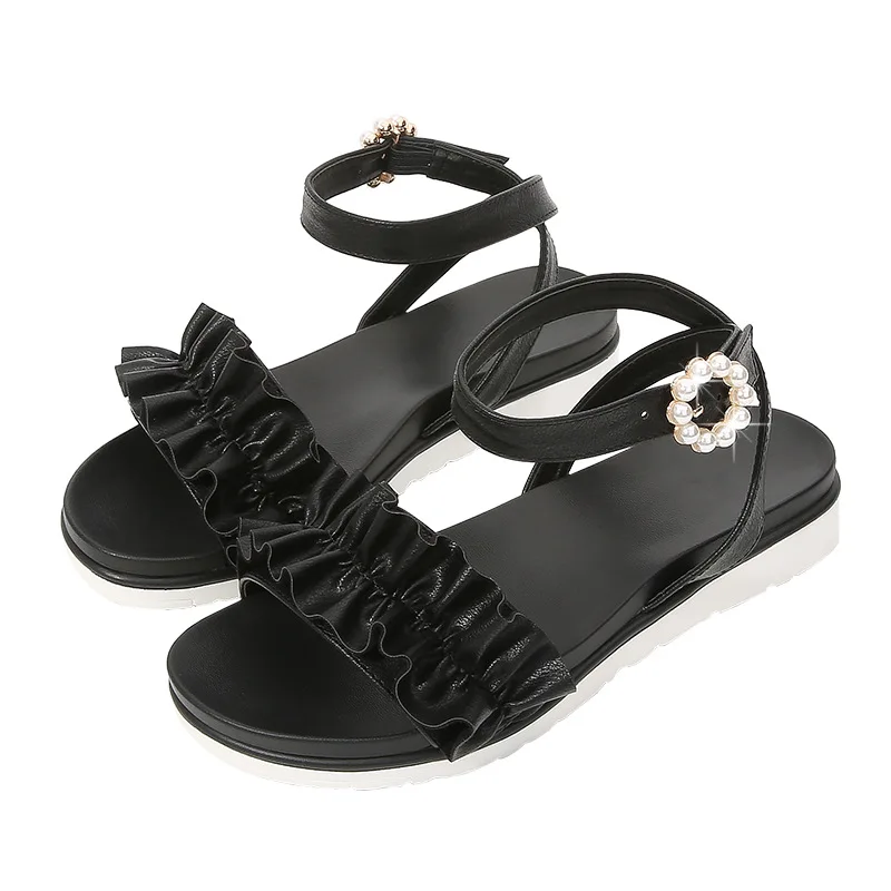 

Pure color pearl round head buckle sandals female fairy style female summer new sandals casual lazy beach shoes