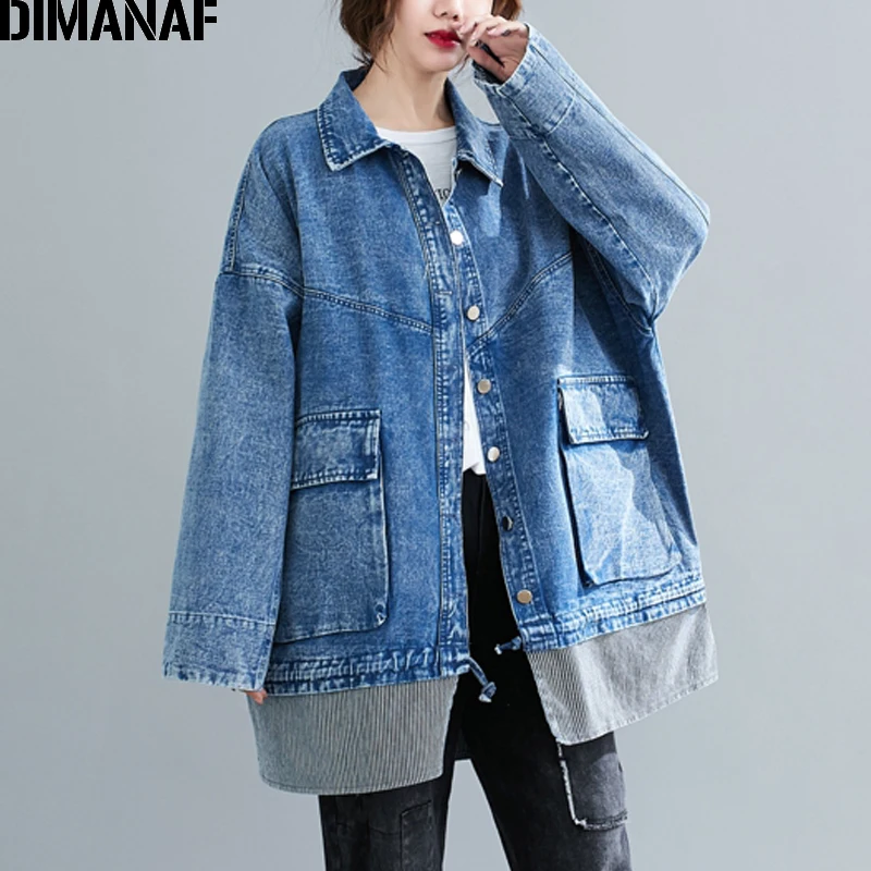 

Женская джинсовая куртка-бомбер DIMANAF, свободная повседневная куртка из денима с длинным рукавом, верхняя одежда большого размера