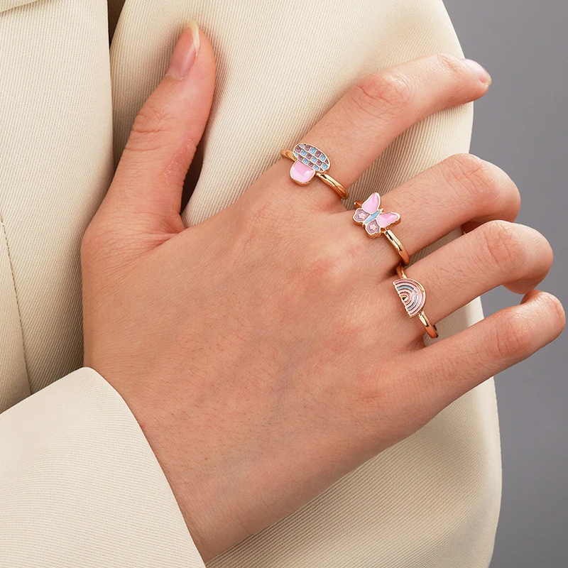 

Fashion Trend Cute Mushroom Pattern Ring for Woman Gold Color Retro Rainbow Butterfly Creative Fun Geometric Index Finger Ring