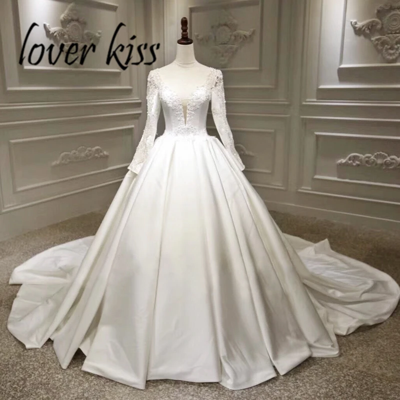 Lover Kiss vestido de Noiva Свадебные платья с v-образным вырезом и Длинными Рукавами Свадебное платье с бисером корсет настоящая фотография vestido de casamento