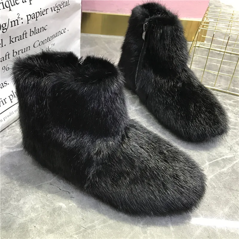 

Real Mink Fur Women Snow Boots Black Winter Warm Fur Botas Mujer Casual Ankle Boot Thick Sole Platform Shoes Woman Flats