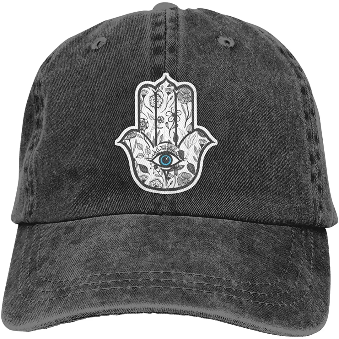

Floral Hamsa Hand Baseball Cap Washed Cotton Denim Hat Black