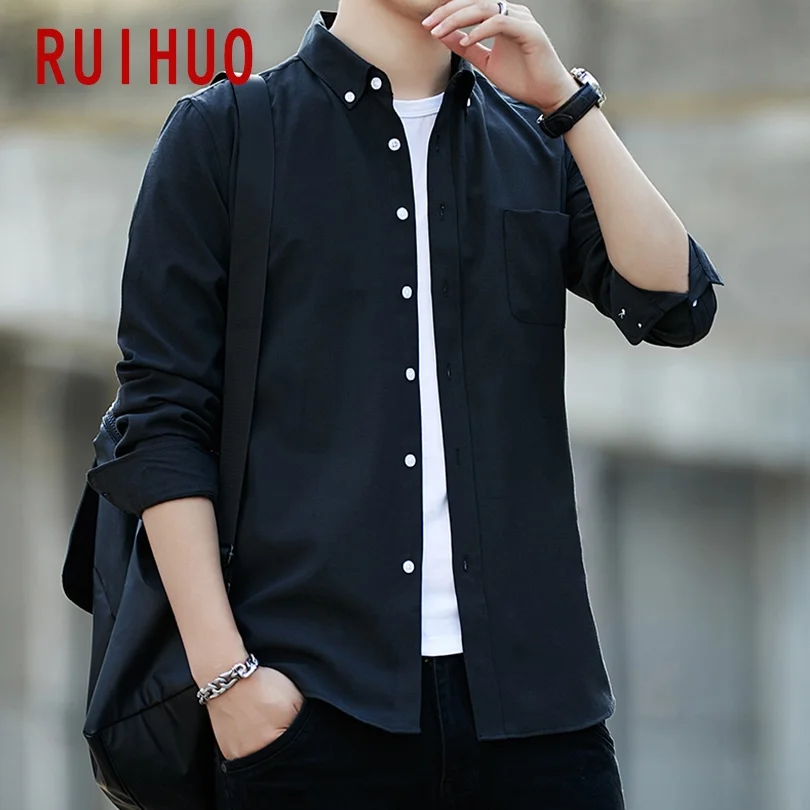 RUIHUO Однотонная рубашка с длинными рукавами для мужчин Slim Fit Оксфорд повседневные