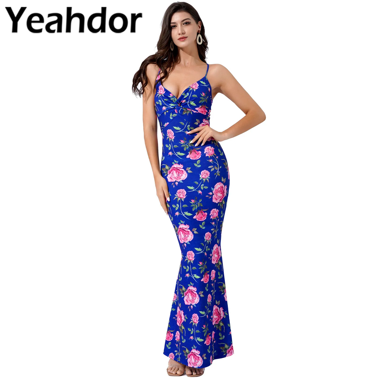 

Women Flower Dresses Summer 2021 Floral Print Elegant Robe Long Dress Sexy Backless Maxi Gown Women's Evening Dress vestido