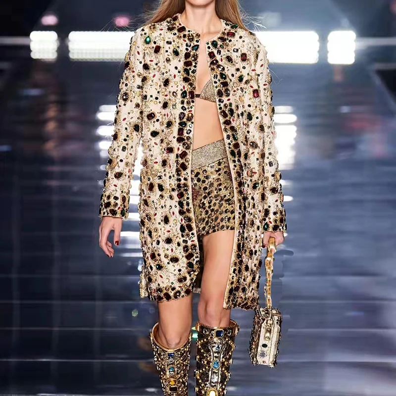 

Fashion Designer 2022 Spring Coat Women Runway New Luxury Beading Crystal White High Street Coat