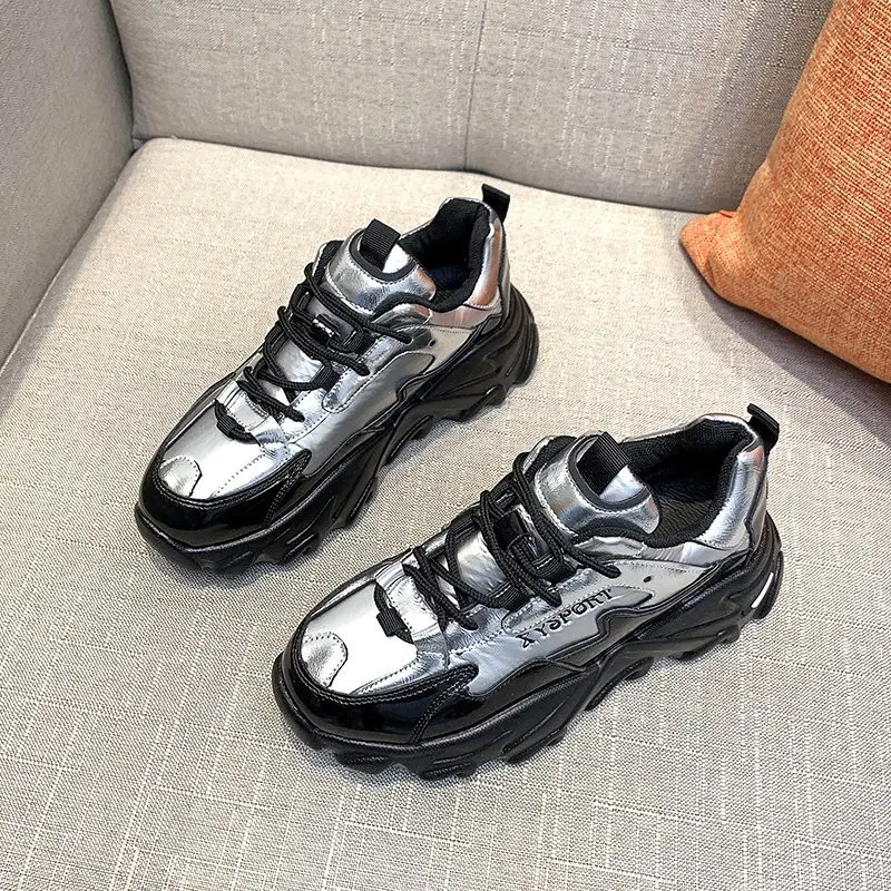 

Plus Size35-43 Silver Chunky Platform Sneakers Women Shoes Autumn Lace-up Rubber Casual Wedges Vulcanized Shoe Sports Fashion PU