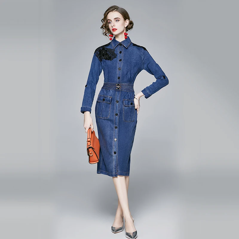 

Autumn Fashion Denim Dress Female Shirt Collar Long Sleeve Single-breasted Embroidery Causal Bodycon Dress Women Clothing S63196