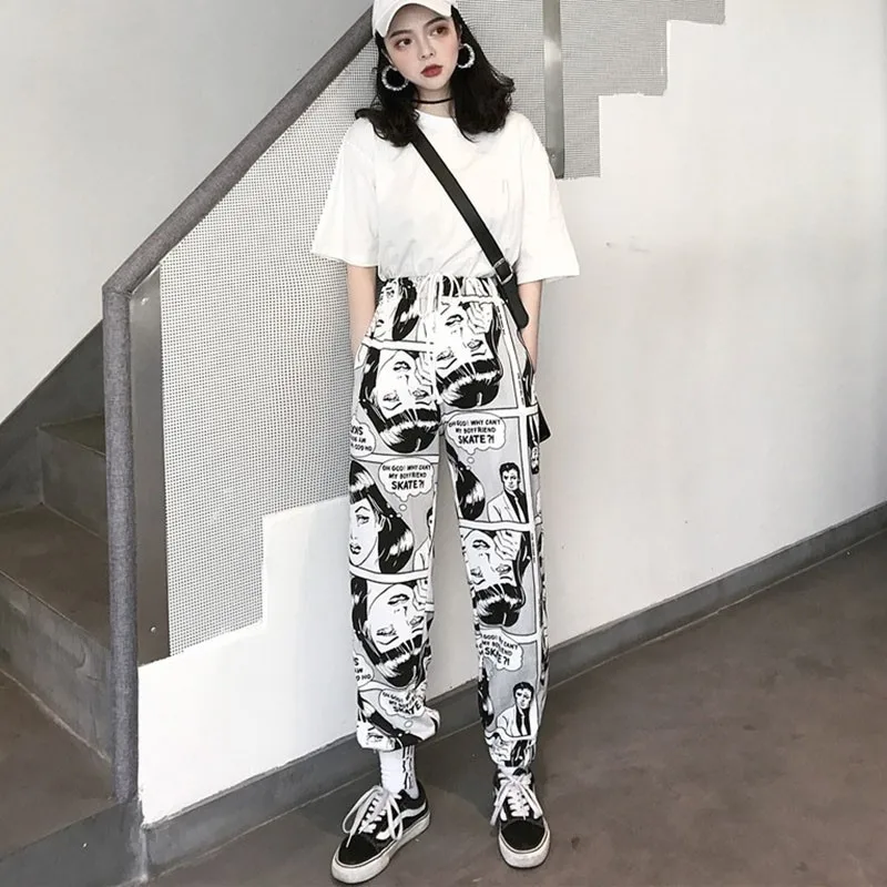 Women Loose Sports Casual Pants Beam Foot Harem Comics Printed Joggers Mens Hip Hop Trousers 2020 | Женская одежда