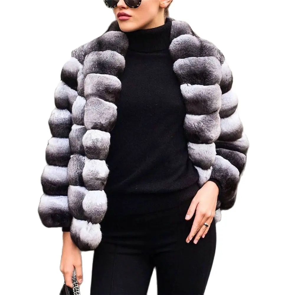 High Quality Real Rex Rabbit Fur Jacket with Turn-down Collar New Trendy Women Genuine Rex Rabbit Fur Coat Woman Winter Outwear enlarge