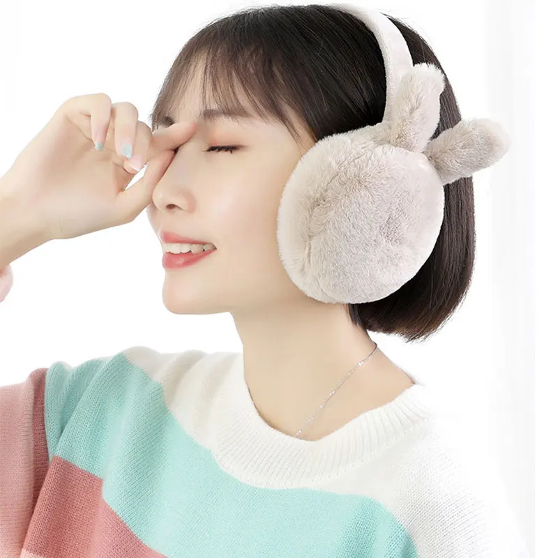 Зимние теплые наушники с заячьими ушками милые плюшевые однотонные складные
