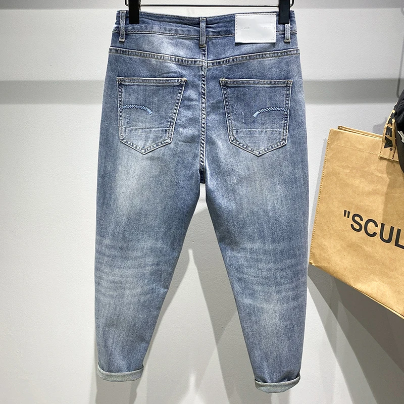Мужские джинсы брендовые светло-голубые шаровары мужские укороченные брюки