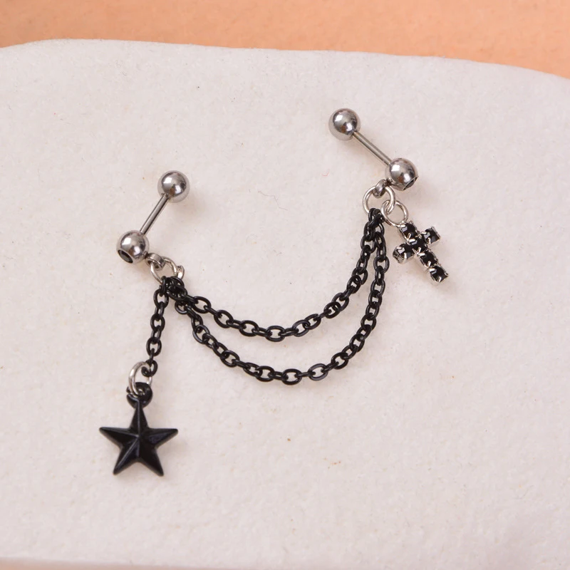 

Stainless Steel Black Stars Ear Stud Simple Integrated Chain Double Ear Hole Earrings Fashion Women Body Piercing Jewelry