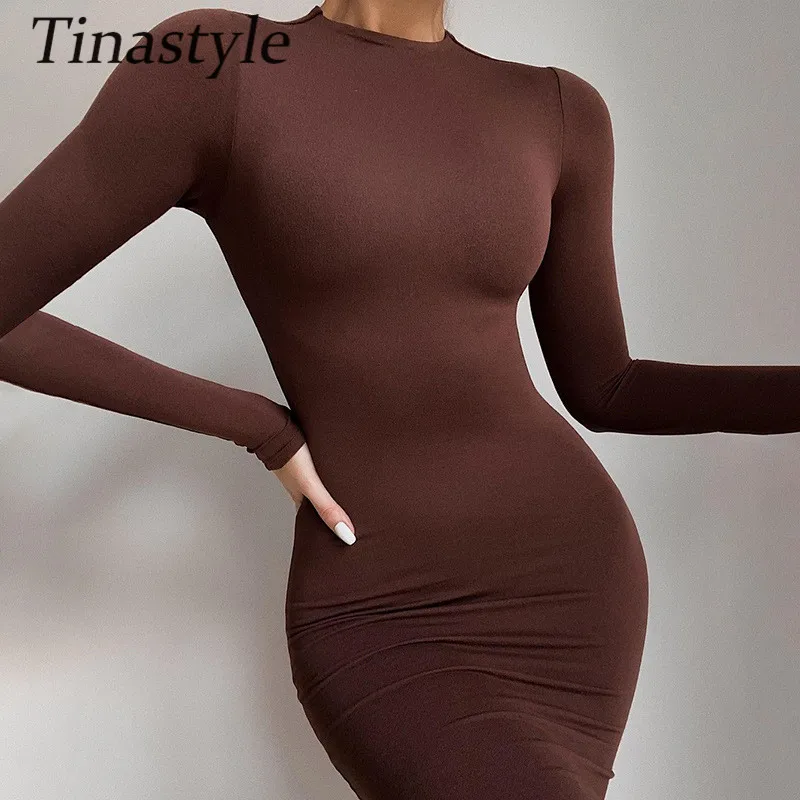 

Tinastyle черный повседневное облегающее платье с длинным рукавом для женщин с круглым вырезом повязки с длинным осень-зима платье 2020 пикантные...
