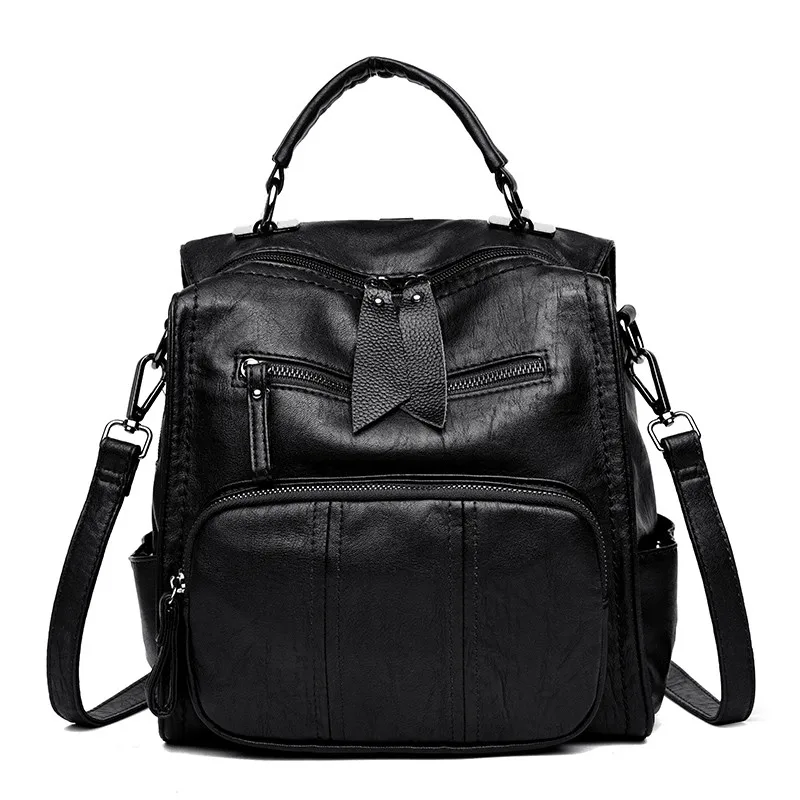 Sac A Dos Femme многофункциональные женские рюкзаки женский рюкзак винтажные школьные сумки для девочек мягкие кожаные сумки на плечо Mochilas - Цвет: BLACK