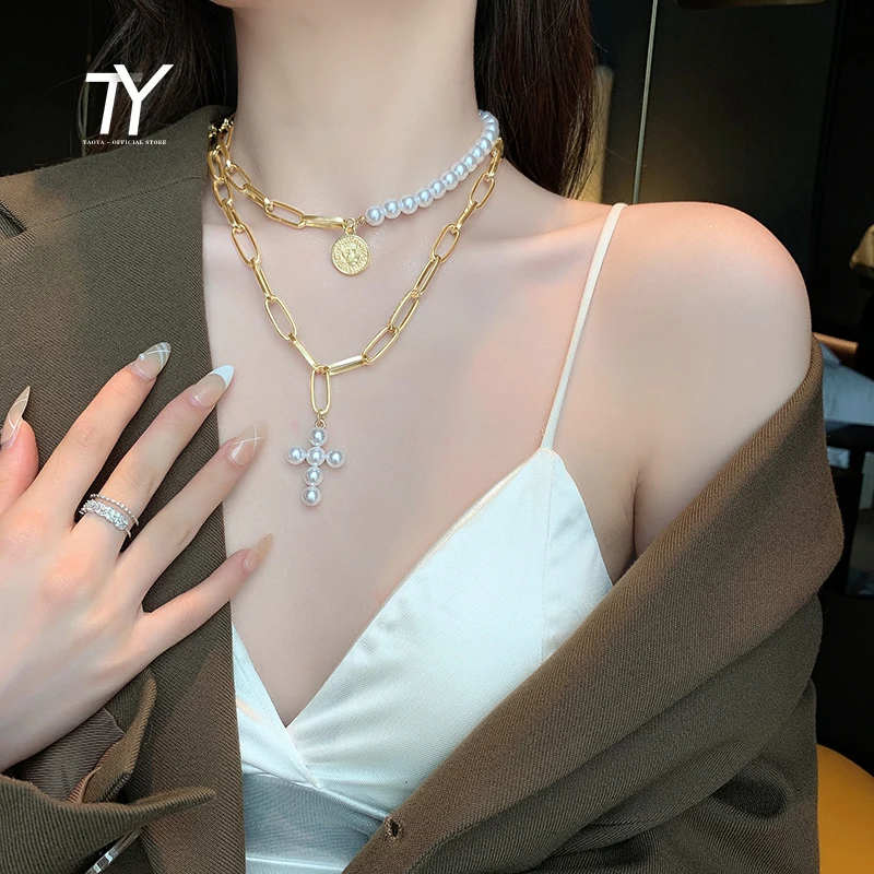 

Gothic Chain Pearl Cross Pendant Two Piece Short Necklace For Woman 2021 Korean Fashion Jewelry Party Girl's Sexy Clavicle Chain