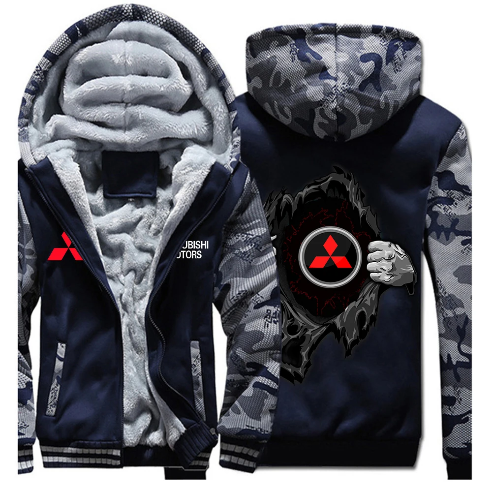 

2021Winter Mitsubishi Car Logo street Men's Casual Sweatshirts Streetwear Fleece Thicken Punk Hoodies Mans Zipper Jackets