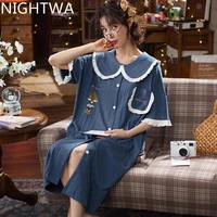 nightwa plus size 4xl women sleepshirts cartoon turn down collar print spliced sweet ruffles short sleeve korean style homewear