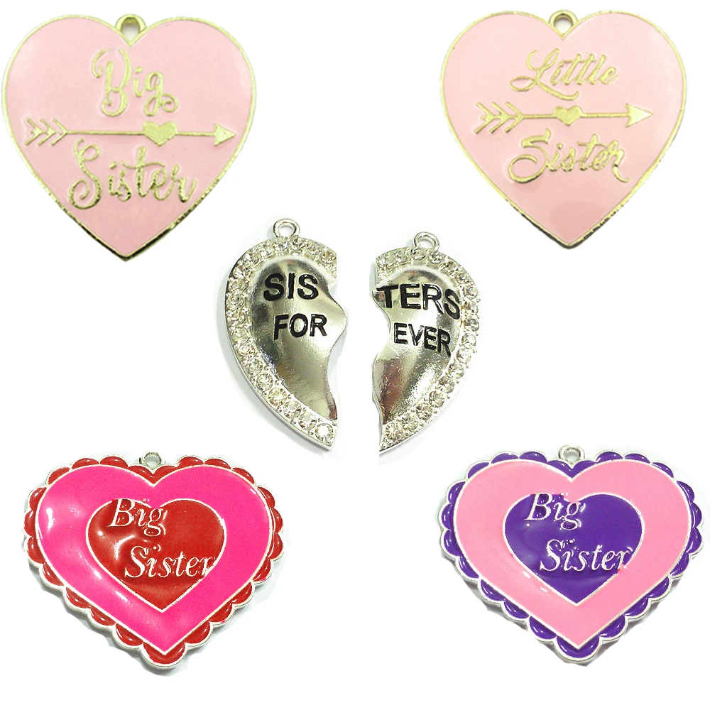 

10pcs/bag Zinc Alloy Heart Shape Big / Litter Sister Enamel Pendant For Chunky Necklace Making ( Choose Design First )