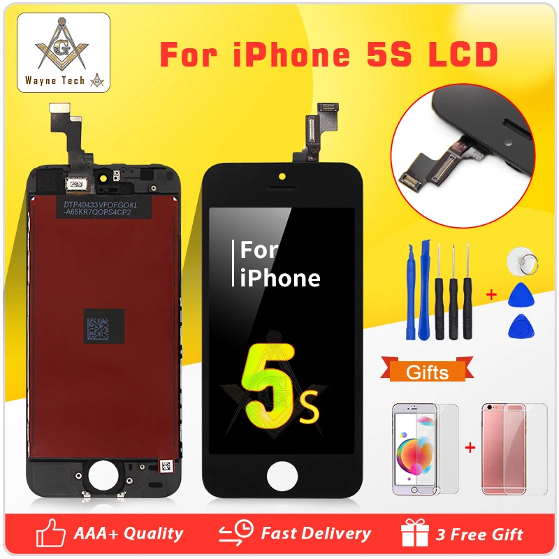 100% новый ЖК-дисплей качества AAA для iPhone 5S экран без битых пикселей с рамкой