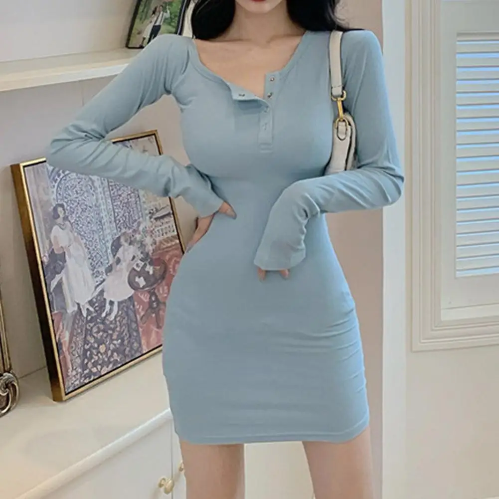

Fashion Mini Dress Elastic Long Sleeve elegant Women Summer Sexy V-Neck Button Party Slim Female Dresses