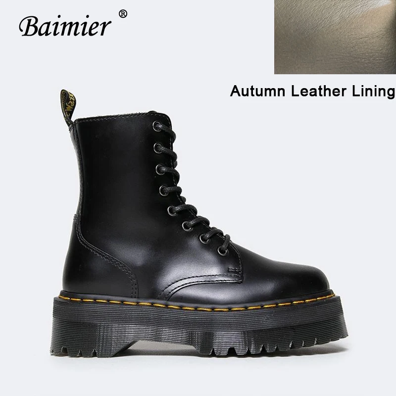 Black Autumn Boots Baimier Black Patent Leather Ankle Boots For Women Lace Up Platform Boots Women Winter Warm Plush Women Boots Street Style Shoes - Цвет: Black Autumn Boots